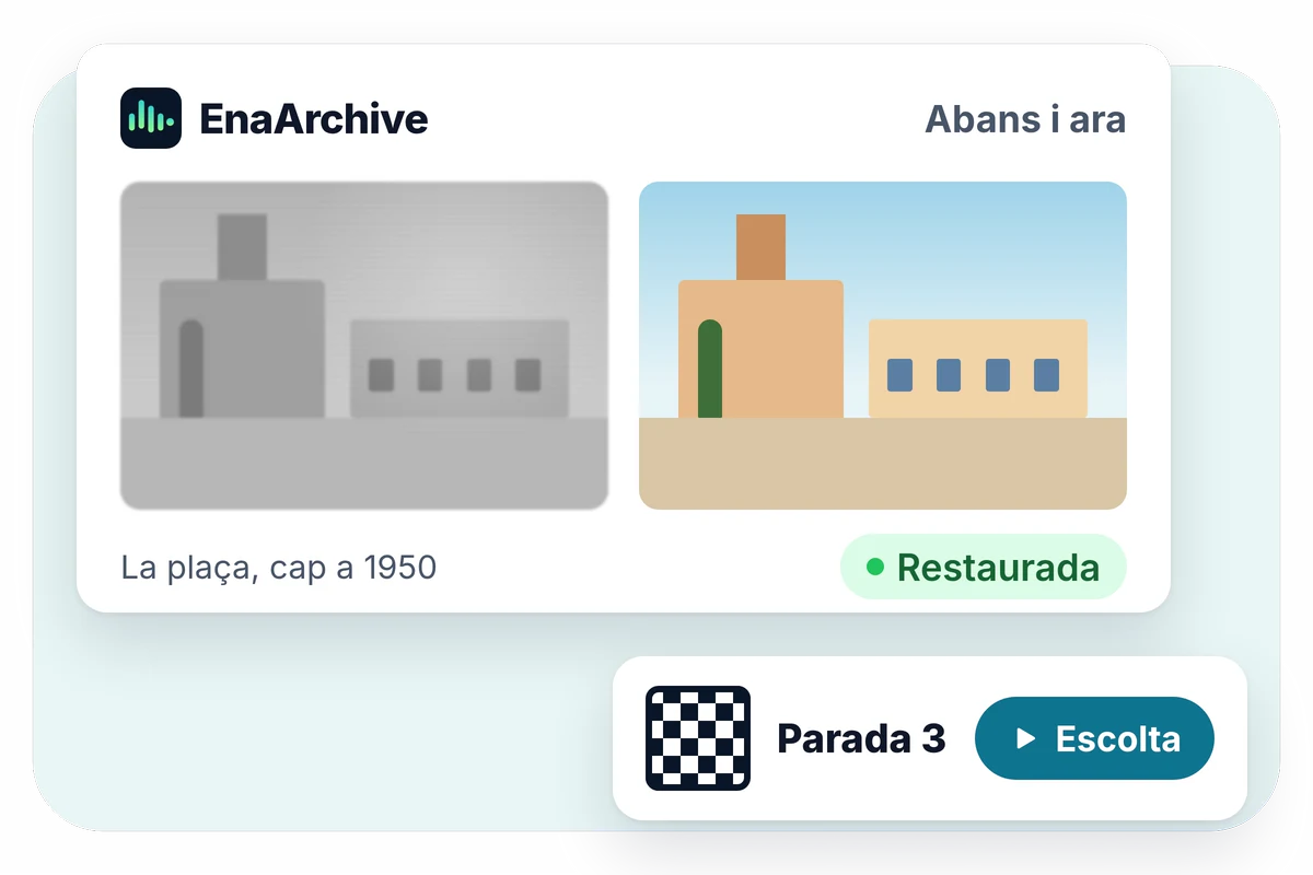 Il·lustració d'EnaArchive: una fotografia antiga de la plaça, abans i després de restaurar-la, i una parada d'una ruta amb codi QR.