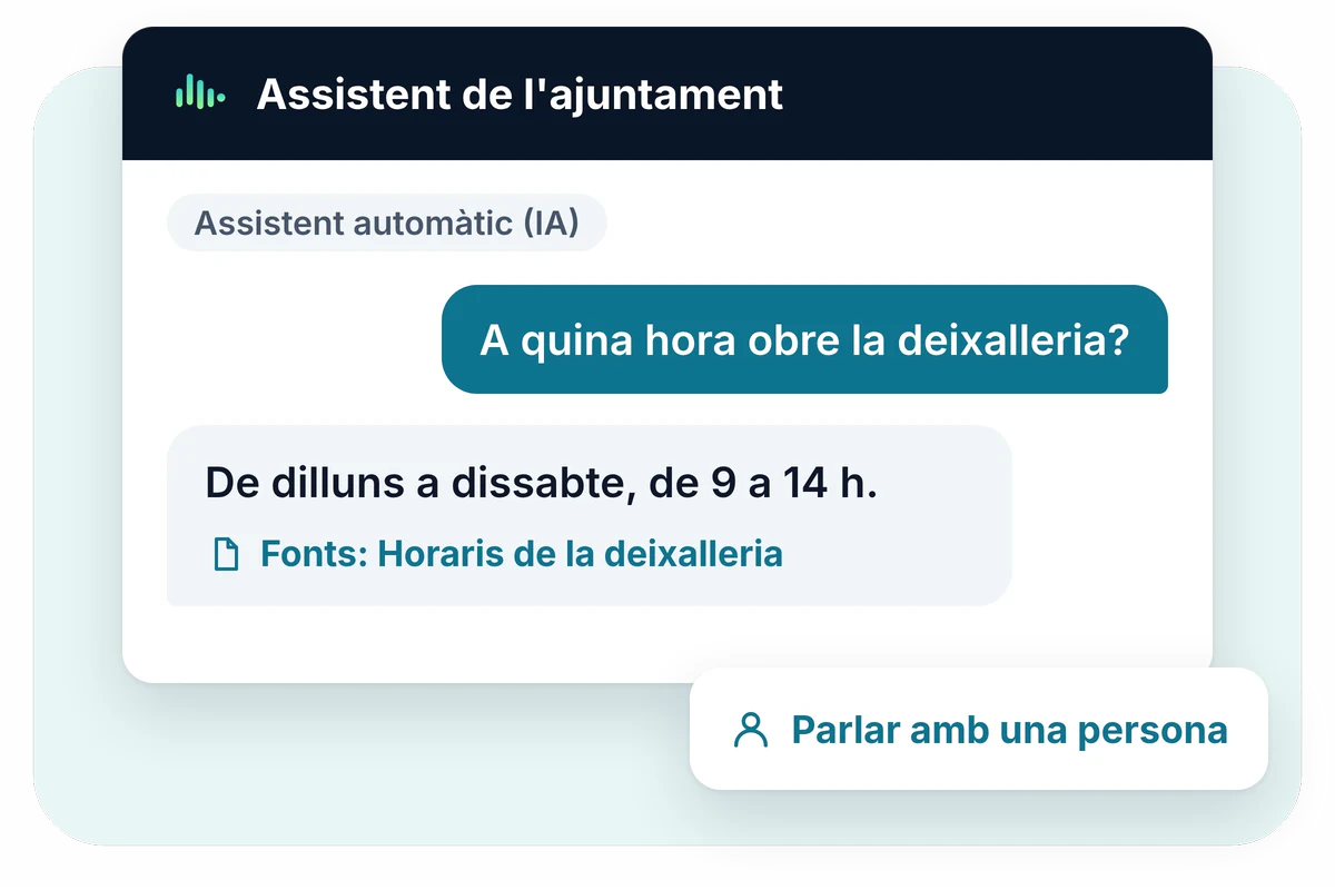 Il·lustració d'EnaChat: una veïna pregunta l'horari de la deixalleria i l'assistent respon amb l'enllaç a la font oficial.