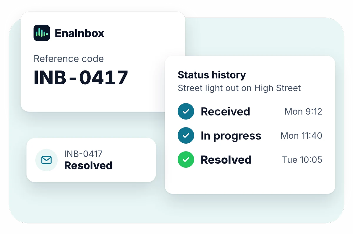 EnaInbox illustration: a complaint with its reference code and the received, in progress and resolved statuses.