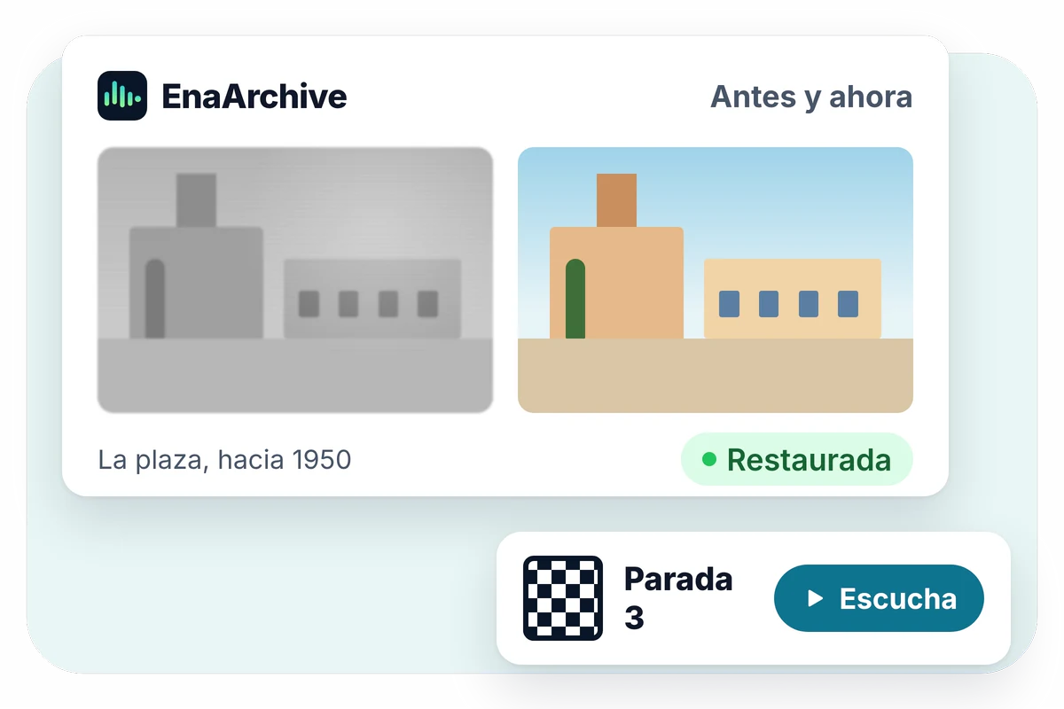 Ilustración de EnaArchive: una fotografía antigua de la plaza, antes y después de restaurarla, y una parada de una ruta con código QR.