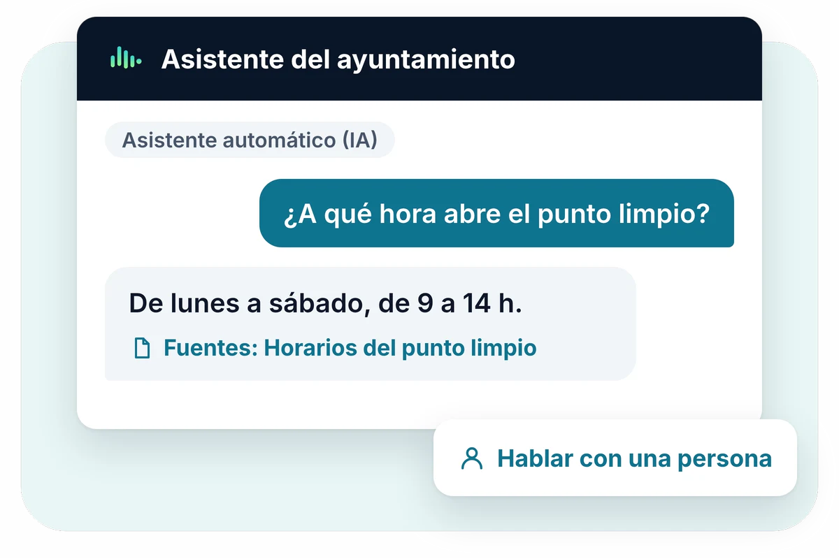 Ilustración de EnaChat: una vecina pregunta el horario del punto limpio y el asistente responde con el enlace a la fuente oficial.