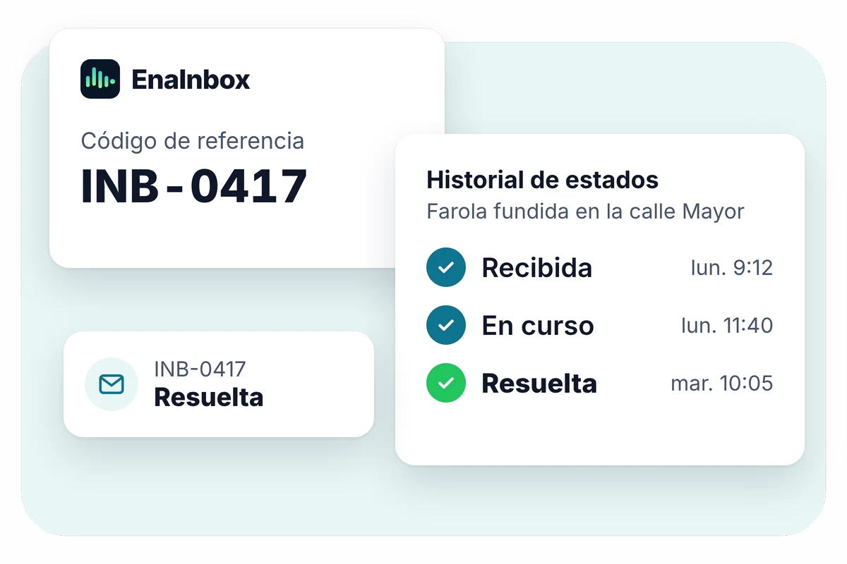 Ilustración de EnaInbox: una queja con su código de referencia y los estados recibida, en curso y resuelta.